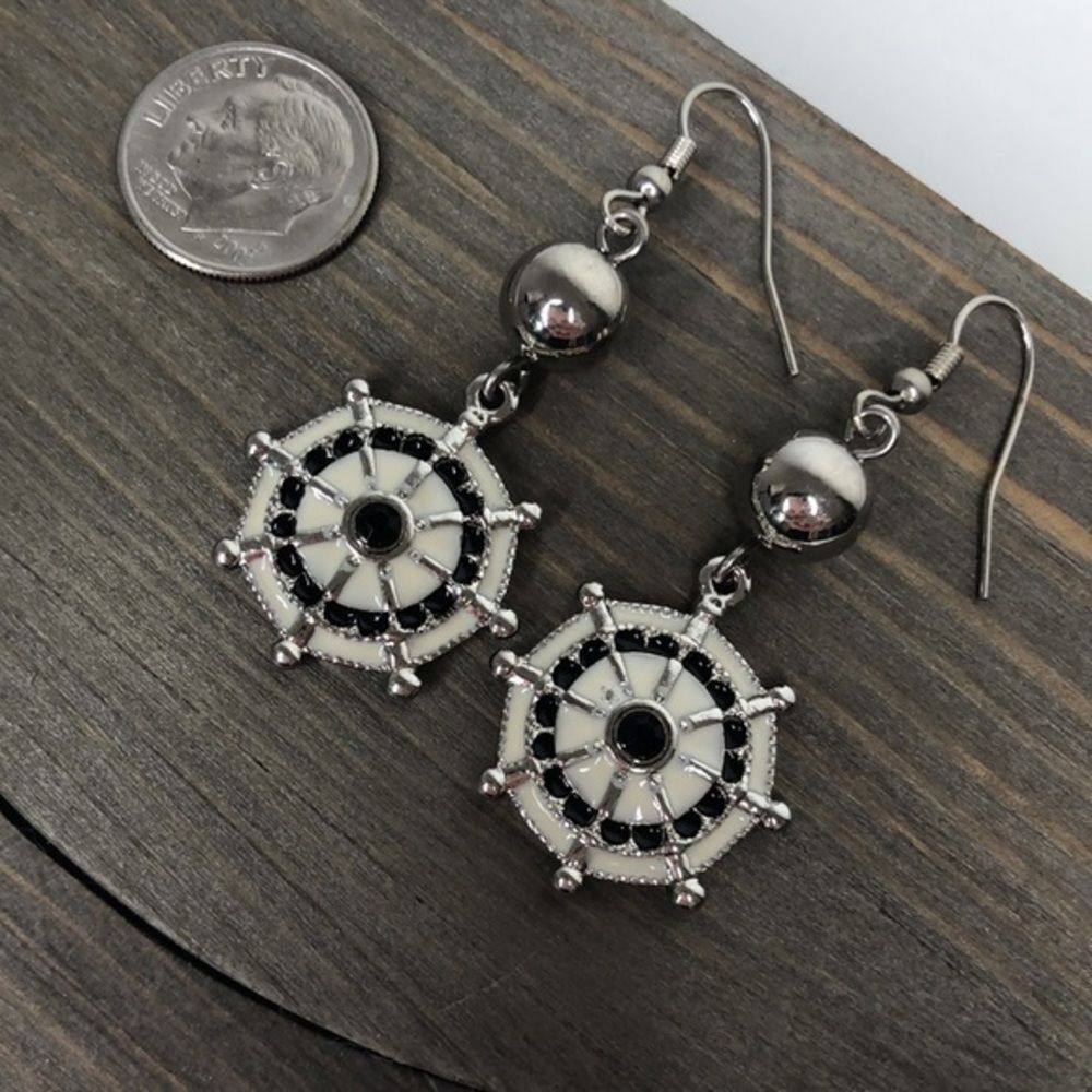 Nautical fishhook earrings in silver, navy and white